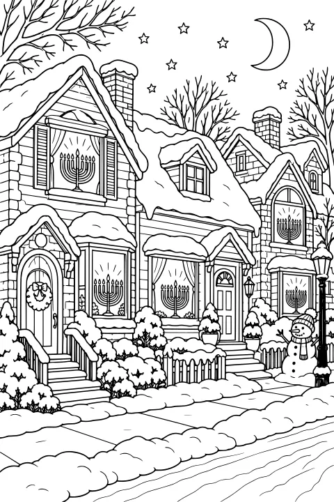 Snow-covered houses with menorahs shining in windows, steep roofs, bare trees, chimneys, streetlamps, a crescent moon, stars, shrubs, fences, and deep snow along the street.
