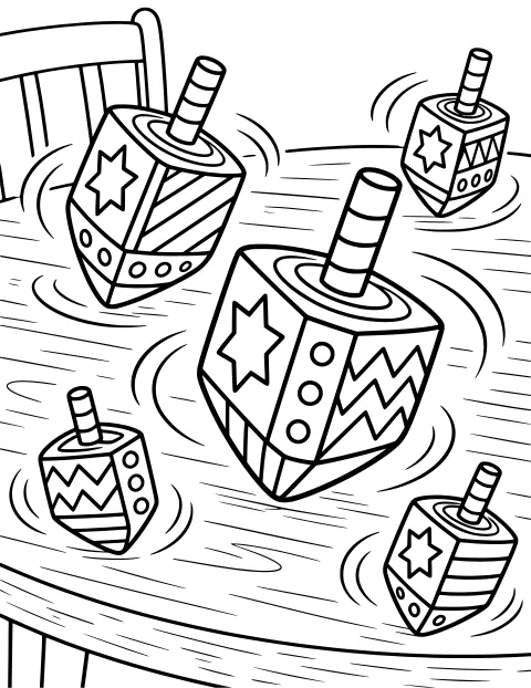 Decorated dreidels spinning on a wooden table beside a chair, with striped handles, stars, zigzags, dots, bands, and curved motion lines.