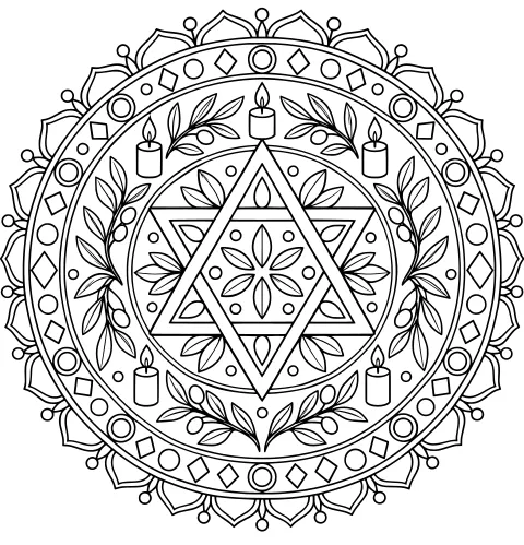 Star of David within a circular mandala of candles, leafy branches, floral shapes, diamonds, dots, and ornamental borders.