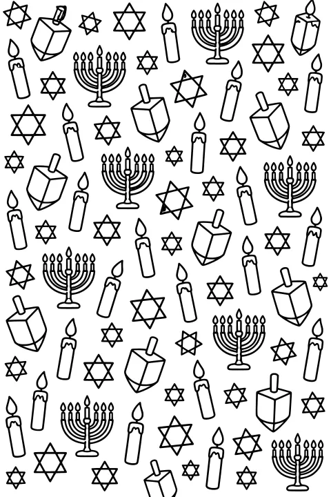 Repeating line-art pattern of outlined stars, dreidels, burning candles, and branched menorahs with flames.