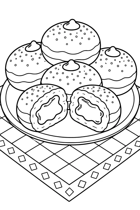 Plate piled with round sufganiyot topped with sprinkles and dollops, with a cut-open pastry in front showing its filling, set on a diamond-patterned cloth.