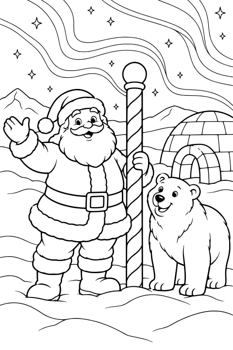Santa waving beside a striped pole, a bear, and an igloo in a snowy landscape with mountains, stars, and flowing sky bands.