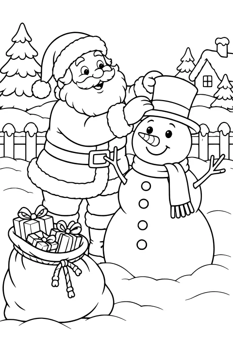 Santa adjusting a snowman's top hat beside a sack of wrapped gifts in a snowy yard with a fence, evergreen trees, and a house.