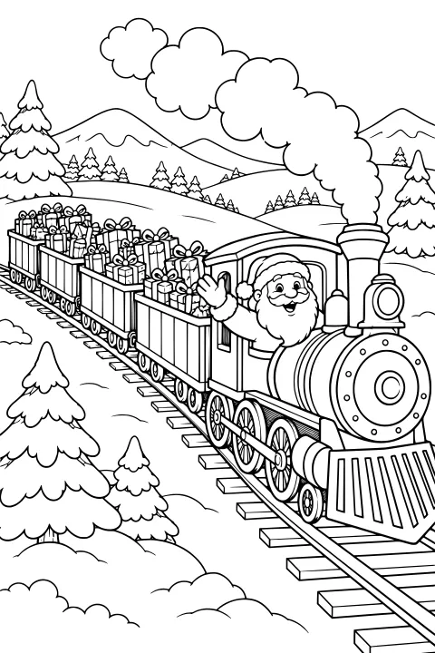 Santa waving from a steam train loaded with wrapped gifts, traveling on tracks through snowy evergreen trees and mountains with smoke rising overhead.