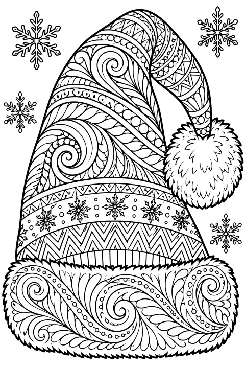 Santa hat filled with swirling botanical patterns, geometric bands, snowflake motifs, a fluffy cuff, and a large pom-pom, with snowflakes around it.
