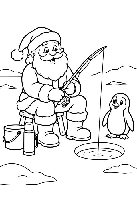 Santa sits on a stool holding a fishing rod over a round ice hole, beside a bucket and thermos amid low snowbanks.
