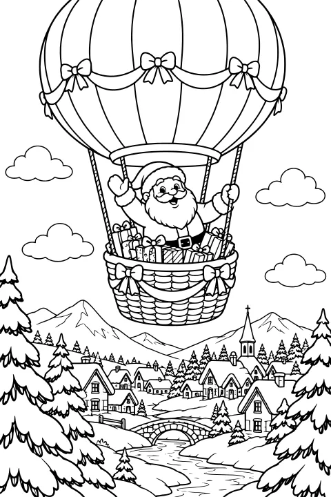 Santa waving from a bow-decorated hot air balloon basket filled with gifts above a snowy mountain village, pine trees, cottages, a stone bridge, and a winding stream.