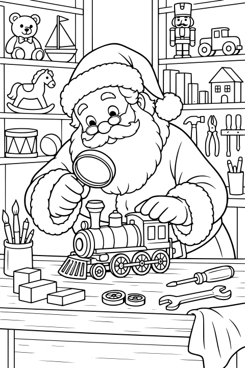 Santa examining a toy steam train with a magnifying glass at a workshop bench surrounded by tools, blocks, brushes, books, and toys.