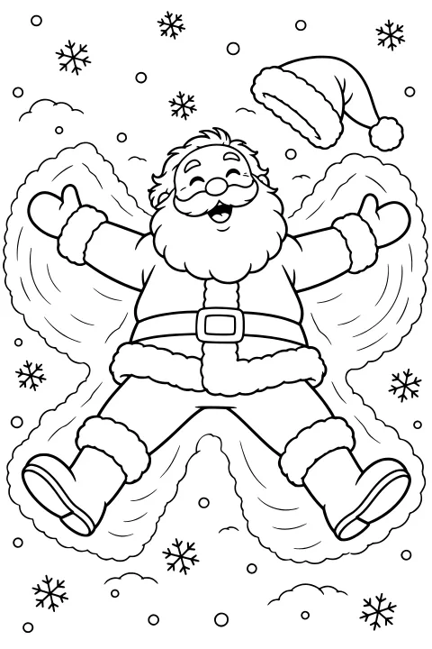Santa lying with arms and legs spread in a snow angel, surrounded by snowflakes and a fluffy-trimmed hat.