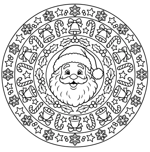 Santa’s face with a fur-trimmed hat and beard, surrounded by circular bands of holly, bells, candy canes, stars, bows, berries, and snowflakes.