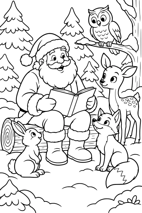 Santa reading an open book on a log while a rabbit, fox, deer, and owl gather among snow-covered evergreen trees.