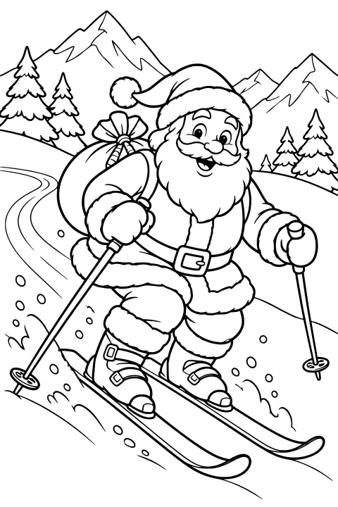 Santa skiing downhill with poles and a tied sack, surrounded by snowy slopes, evergreen trees, winding tracks, and mountain peaks.