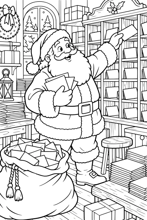 Santa places an envelope on a tall mail shelf while holding more, surrounded by a sack of letters, stacked envelopes, parcels, a wreath, lantern, window, and stool.