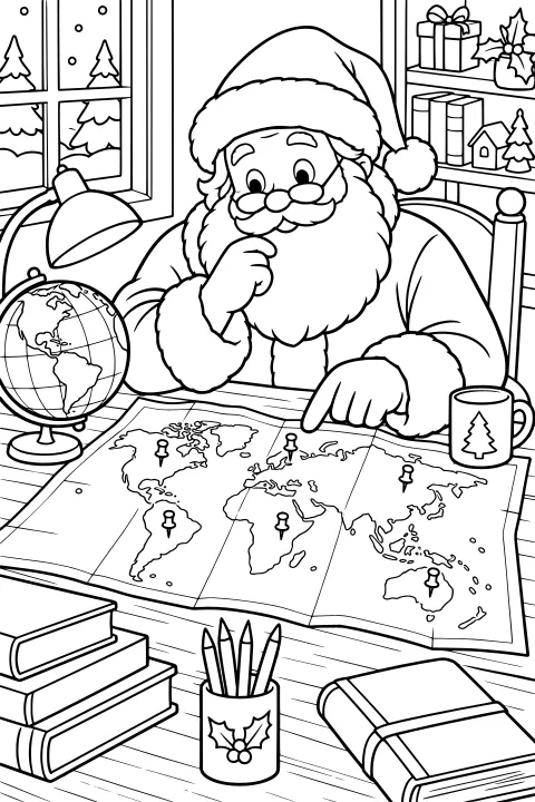 Santa pointing at a large world map on a desk beside a globe, lamp, mug, pencils, books, and shelves with holiday decorations.