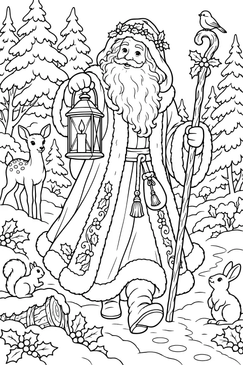 Father Christmas carrying a lantern and holly-topped staff in a snowy evergreen forest with a deer, rabbit, squirrel, and bird.
