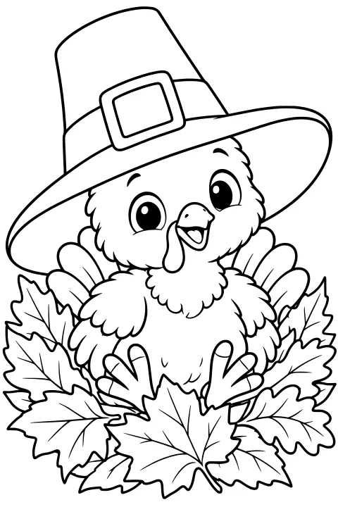 Baby turkey wearing a wide-brimmed buckle hat, with fanned tail feathers and large autumn leaves surrounding its body.