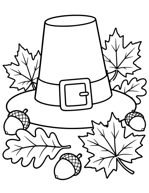 Wide-brimmed hat with a buckle, surrounded by maple leaves, oak leaves, and acorns in black-and-white line art.