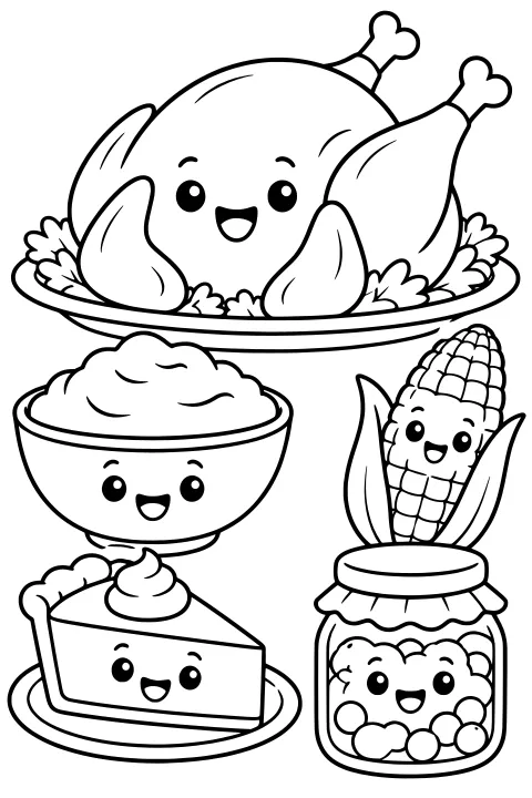 Roast turkey, mashed potatoes, corn, pie, and a jar of round foods with simple faces, surrounded by plates, leaves, husks, and toppings.