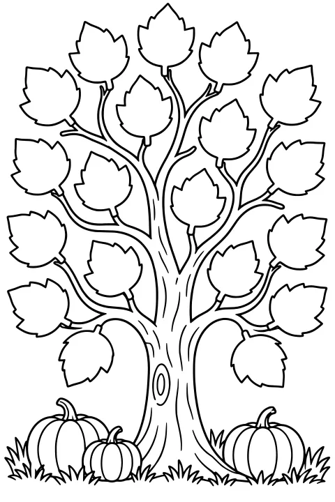 Branching tree with broad blank leaves, curved bark details, an oval trunk knot, pumpkins, and grass at the base.
