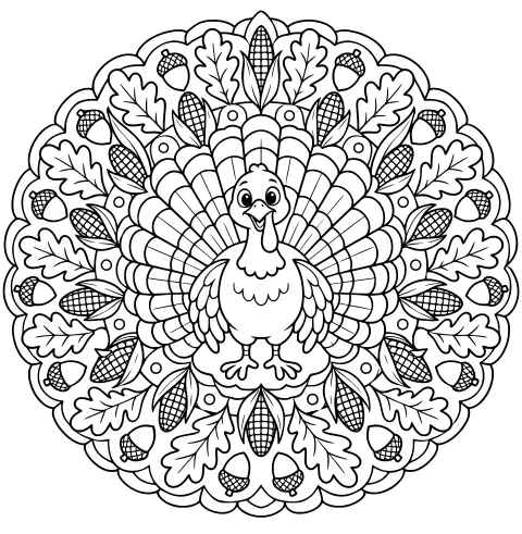Turkey centered within a circular mandala of layered feathers, oak leaves, acorns, corn, and scalloped borders.
