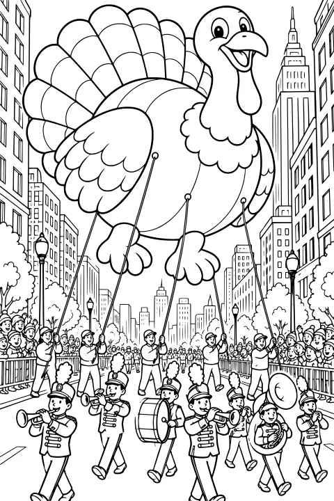 Large turkey-shaped balloon tethered above a marching band and rope handlers on a city avenue lined with crowds, trees, lampposts, and tall buildings.