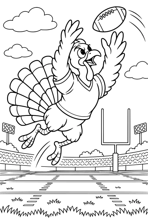 Turkey leaping toward a football over a marked field with a goalpost, stadium stands, field lights, grass, and clouds.