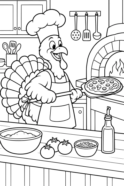Turkey chef in a hat and apron holding a pizza peel beside a brick oven, with tomatoes, bowls, utensils, and a bottle on the kitchen counters.