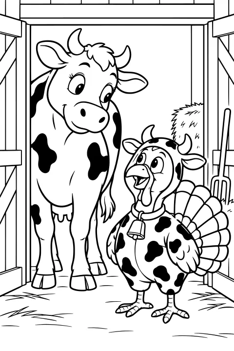 Turkey wearing a spotted cow costume and bell collar beside a cow in a barn with hay and a pitchfork.