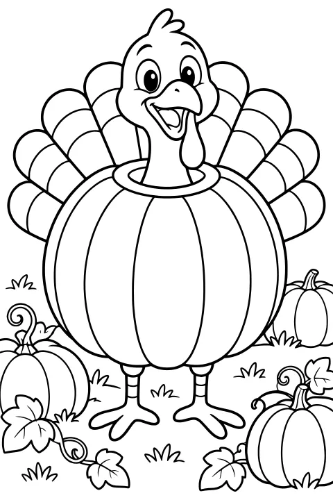 Turkey wearing a large pumpkin costume, with fanned tail feathers and smaller pumpkins, vines, leaves, and grass around its feet.