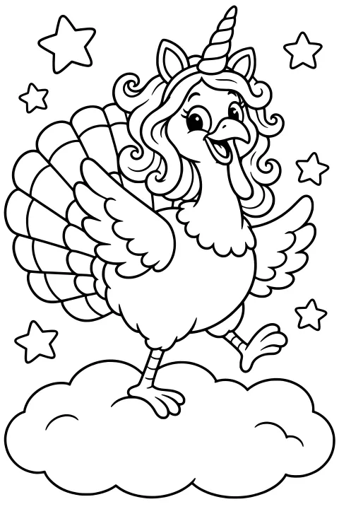 Turkey wearing a spiral unicorn horn, pointed ears, and a flowing mane, posing on a cloud among stars with wings raised and tail feathers spread.