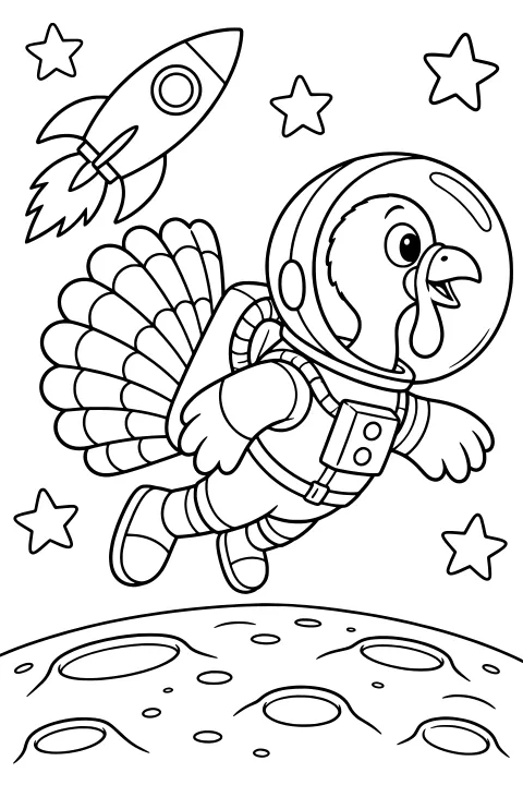 Turkey floating in an astronaut suit above a cratered moon, with a rocket and stars in the background.