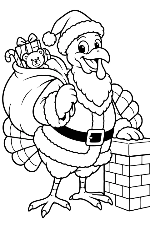 Turkey wearing a Santa outfit beside a brick chimney, with a gift sack holding a teddy bear, candy cane, and wrapped presents.