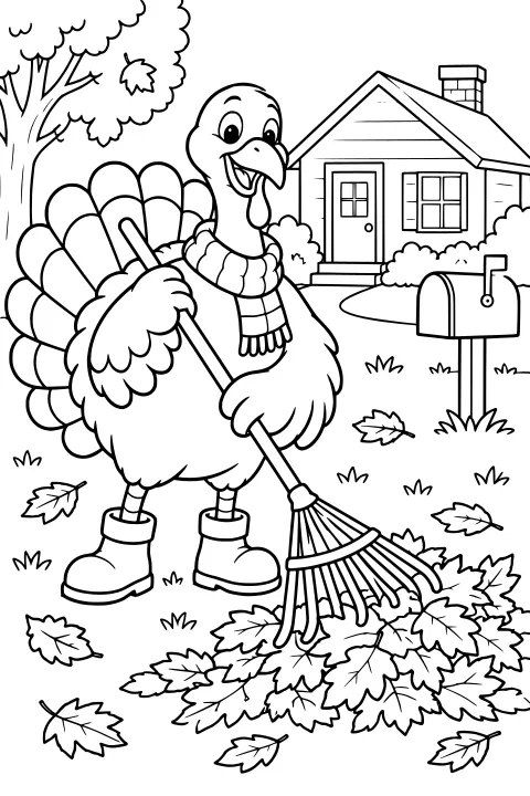 Turkey wearing a scarf and boots while raking a pile of fallen leaves in a yard with a tree, mailbox, shrubs, and house.