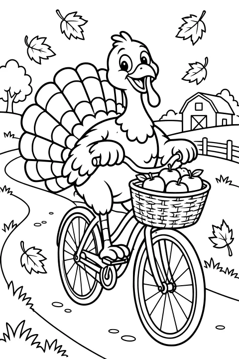 Turkey riding a bicycle with a woven basket of apples along a winding farm path, surrounded by falling leaves, grass, trees, a fence, and a barn.
