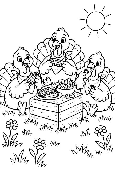 Three turkeys holding corn around a wooden crate topped with corn and a bowl, surrounded by grass, flowers, and a shining sun.