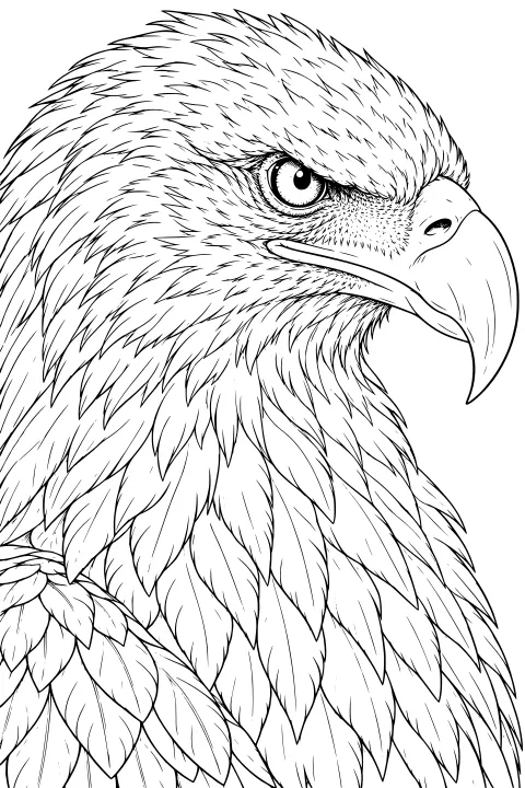 Close-up line art of a bald eagle facing right, with a hooked beak, prominent eye, and detailed layers of feathers.