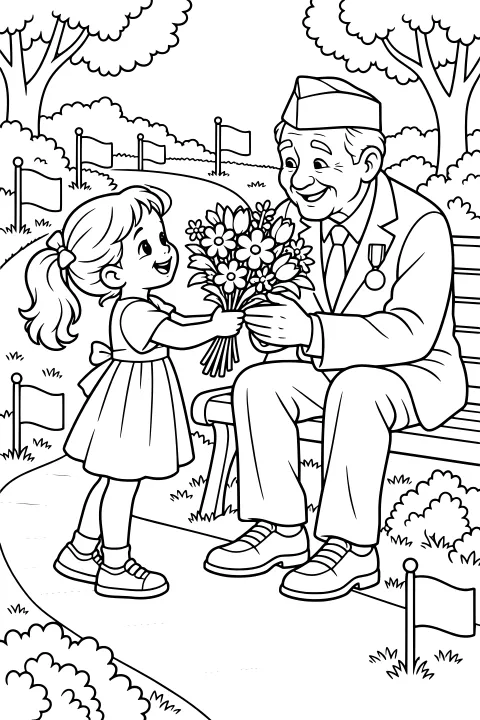 A child hands a flower bouquet to a seated veteran wearing a cap and medal in a park with flags, trees, shrubs, a bench, and a curved path.
