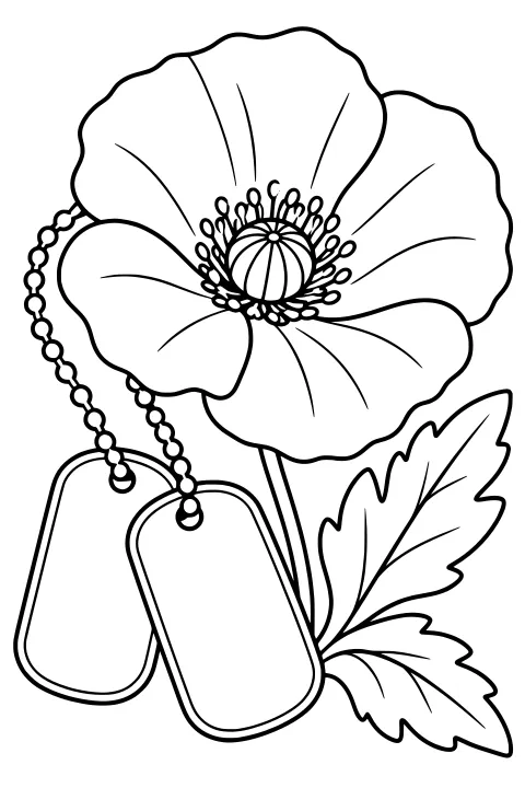Overlapping dog tags on beaded chains beneath a large poppy with a detailed center, curved petals, stems and jagged leaves.