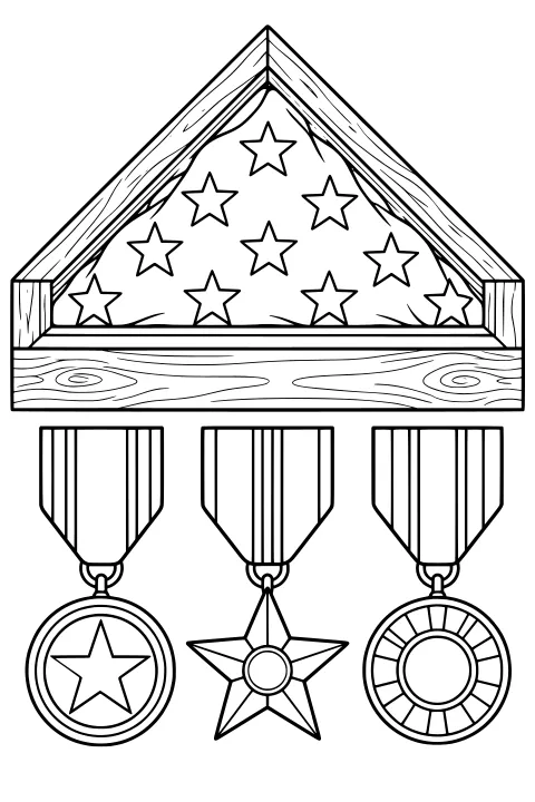 Folded flag with star shapes in a triangular wooden display case above medals with striped ribbons and star and circular designs.
