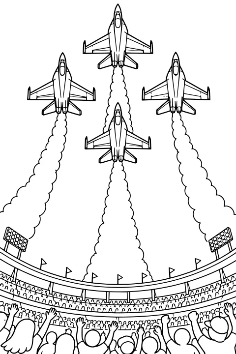 Jets in formation with long smoke trails above a stadium filled with raised hands, flags, tiered seating, and floodlights.