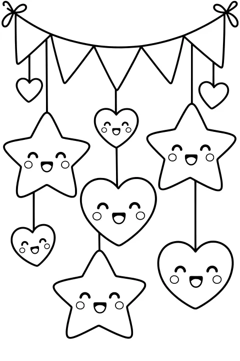 Kawaii stars and hearts with simple faces hanging from strings beneath triangular flag bunting tied with bows.