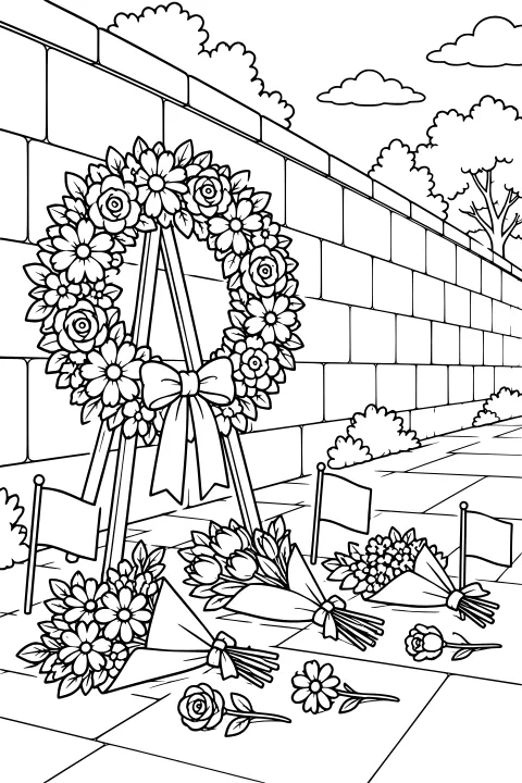 Floral wreath with a bow beside a block memorial wall, surrounded by bouquets, small flags, loose flowers, shrubs, trees, and clouds.