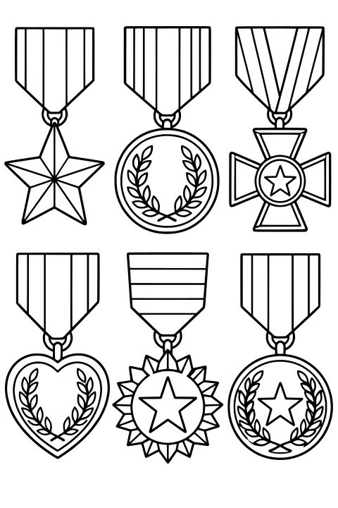 Military medals with striped ribbons, stars, leafy wreaths, geometric borders, and heart, cross, round, and sunburst shapes.