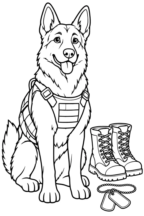 Military service dog sitting in a fitted vest beside lace-up boots and dog tags, with pointed ears, a fluffy coat, buckles, panels, and detailed boot treads.