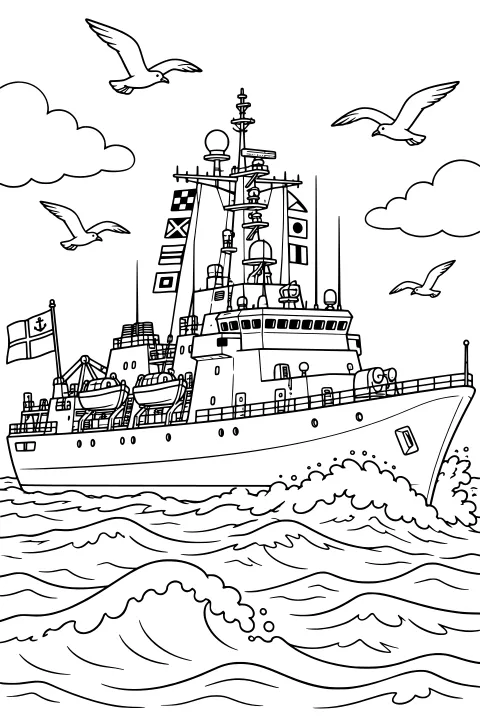 Large navy ship cutting through rolling waves with signal flags, lifeboats, a tall antenna mast, flying seabirds, and clouds.