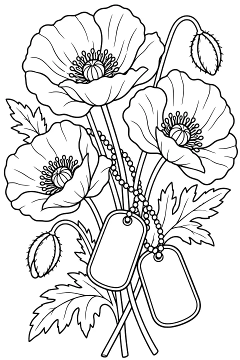 Open poppy blossoms, buds, jagged leaves, and stems arranged around blank dog tags on beaded chains.