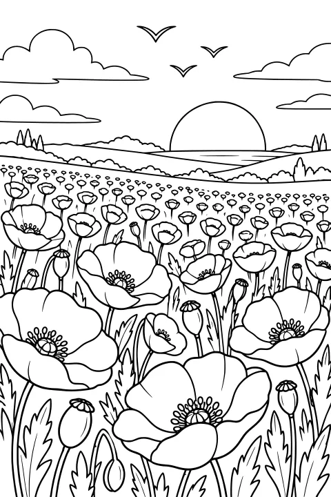 Poppies and seed pods fill a field beneath clouds and flying birds, with rolling land and a low sun on the horizon.