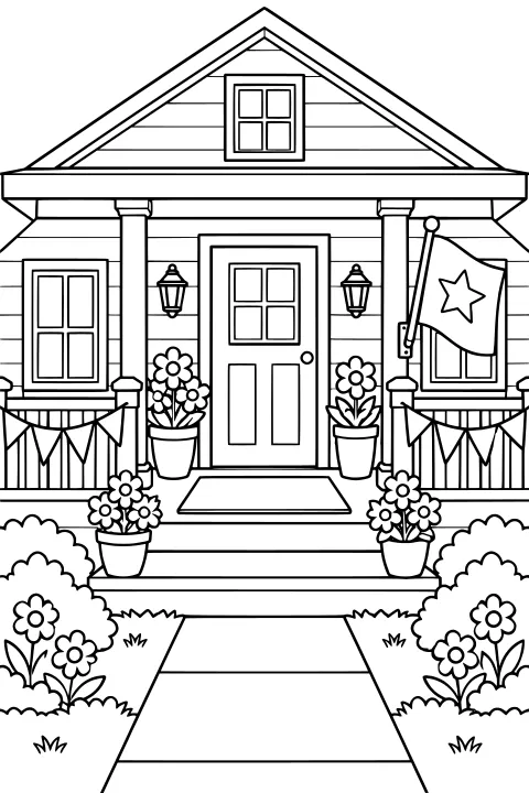 Front porch with triangular bunting, a star-marked flag, potted flowers, lanterns, steps, shrubs, and a walkway leading to the door.