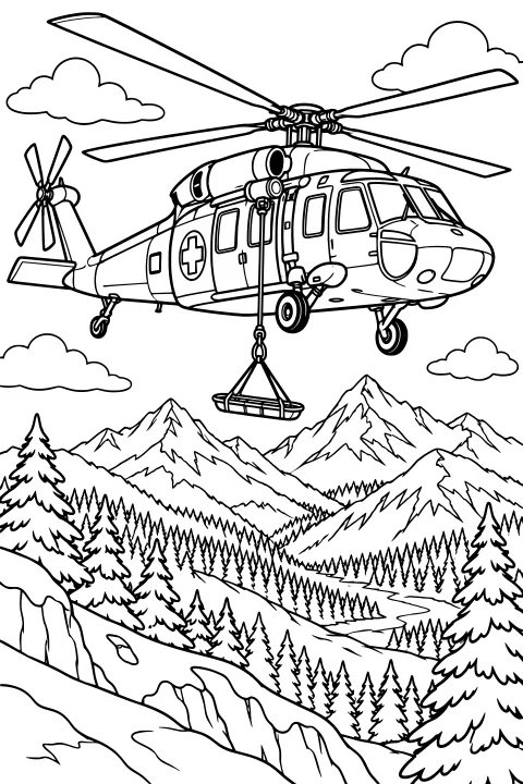 Rescue helicopter carrying a suspended basket above mountain peaks, pine forests, clouds, and a winding river.