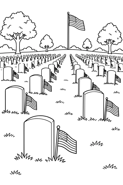 Rounded headstones with star-and-stripe flags across a grassy cemetery, with a large flagpole, leafy trees, and shrubs in the distance.